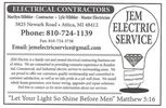 Business card for JEM Electric Service, electrical contractors.