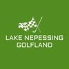 Logo of Lake Nepessing Golfland with a golf ball and clubs.