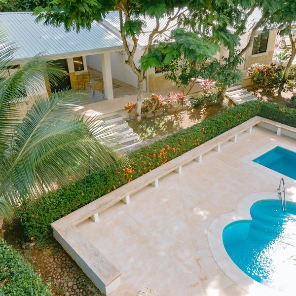 Sunny backyard with a pool, greenery, and a shaded patio area.
