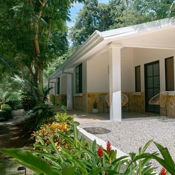 Modern white house with stone accents surrounded by lush greenery and outdoor seating.