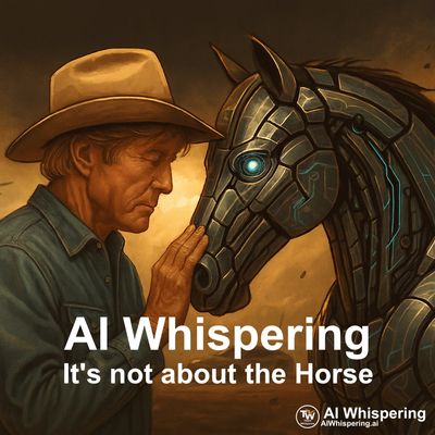 A man in a hat gently touches a robotic horse's face.