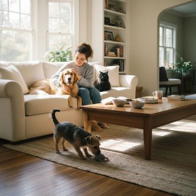 Woman sitting on a couch with two dogs and a cat in a cozy living room.