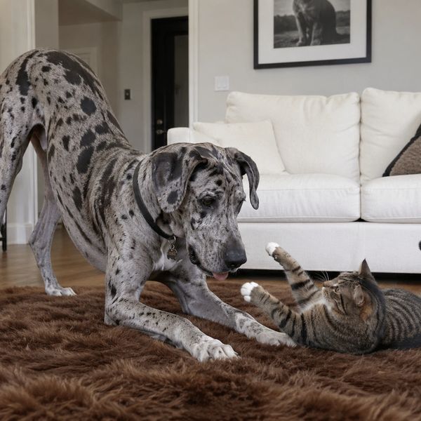 A spotted dog and a tabby cat play on a brown rug in a cozy living room.