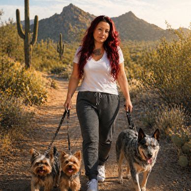 Woman walking three dogs on a desert trail with mountains in the background.