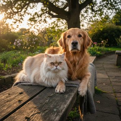A golden retriever and a fluffy cat relax together on a wooden bench outdoors.