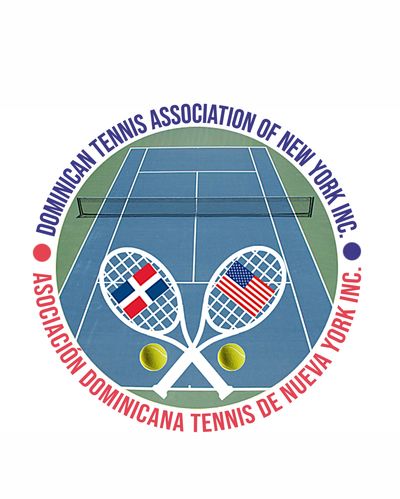 Logo of Dominican Tennis Association of New York with crossed rackets and flags.