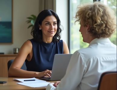 Two women engaged in a discussion at a table with a laptop.