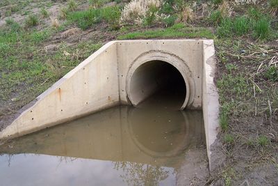 Concrete drainage pipe surrounded by water and grass.