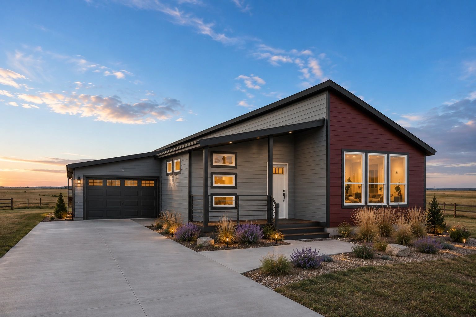 Modern single-story house with a spacious driveway at sunset.