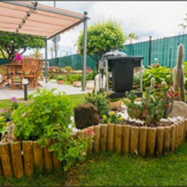 Colorful garden with wooden planter boxes and outdoor seating area.