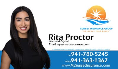 Rita Proctor, licensed agent at Sunset Insurance Group, with contact details and services listed.
