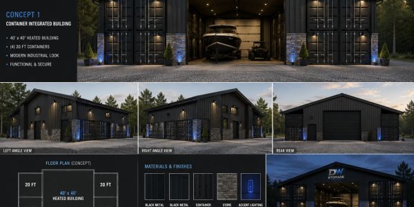 Modern container integrated building with functional, secure design and industrial look.