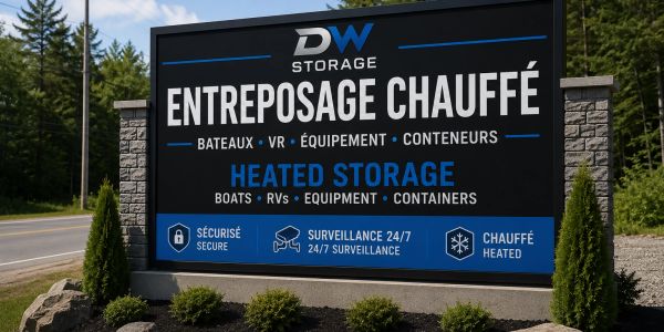 Sign advertising heated storage for boats, RVs, equipment, and containers with 24/7 surveillance.