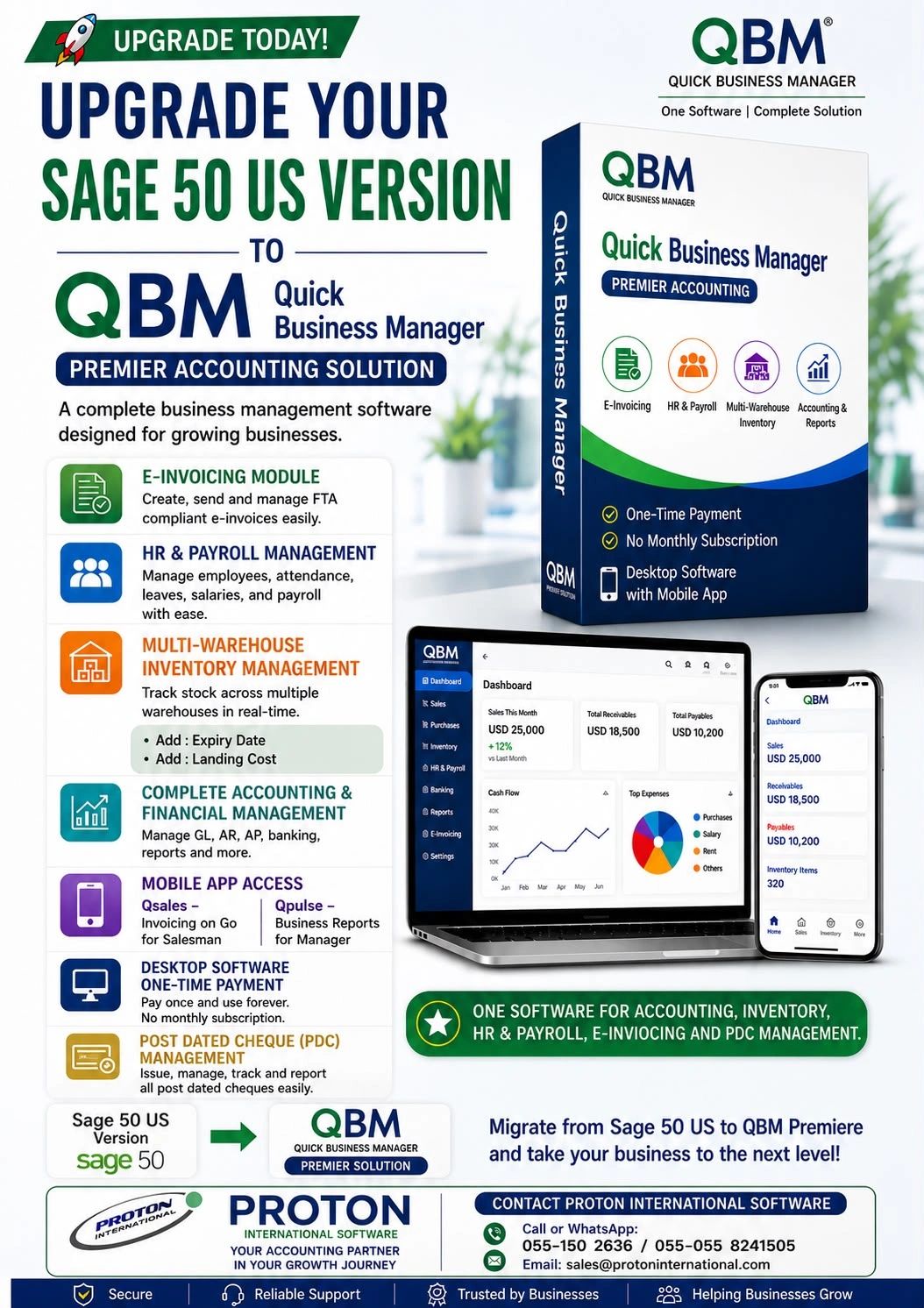 Advertisement for QBM Quick Business Manager software upgrade from Sage 50 US.