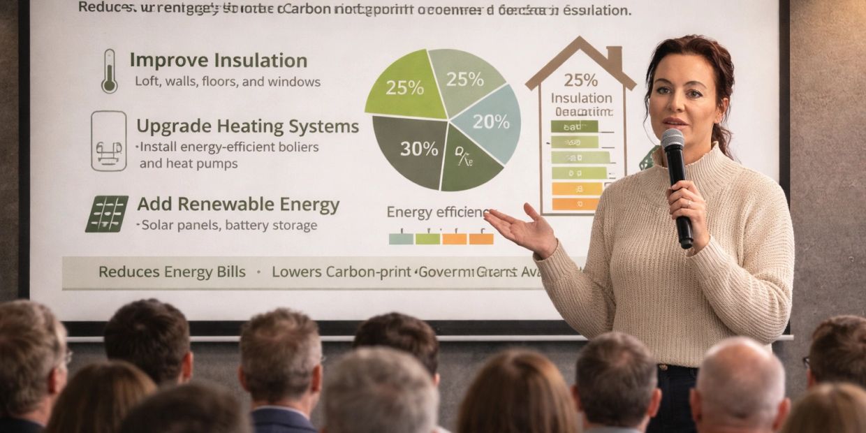 Woman presenting energy-saving tips to an audience with charts and graphs.