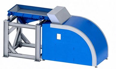 Industrial blue and gray machine with a metal frame and chute.