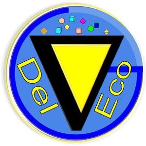 Logo with a yellow triangle and text 'Del Eco' on a blue circular background.