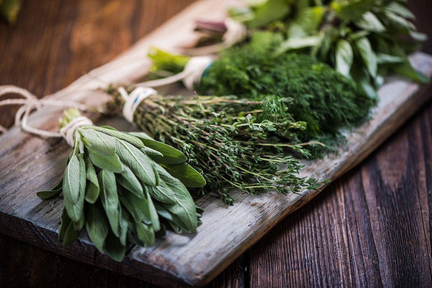 Fresh herb bundles tied with string on a rustic wooden board.