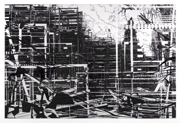 Intricate black and white abstract cityscape with complex geometric lines and shapes.