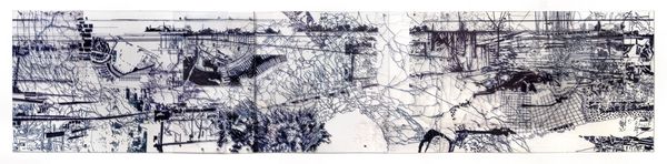 Abstract black and white architectural drawing with complex overlapping lines.
