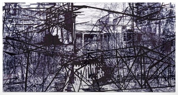Abstract cityscape with chaotic black lines and architectural elements.