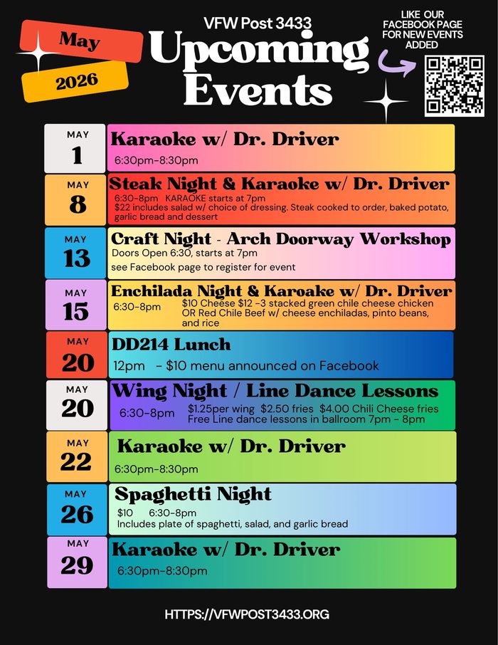 VFW Post 3433 lists May 2026 events including karaoke, steak night, craft night, enchilada night, DD214 lunch, wing night, and spaghetti night.