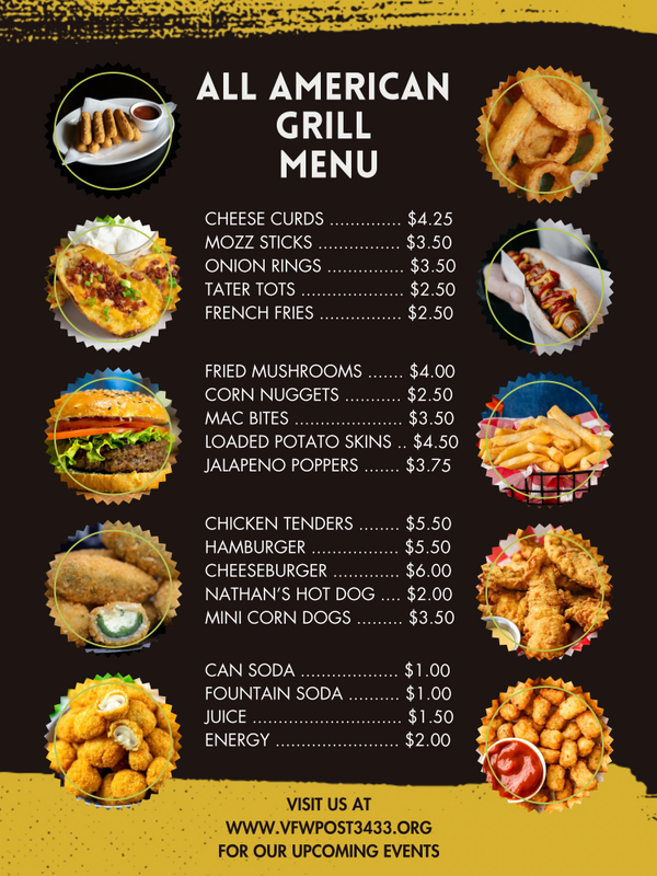 All American Grill menu with various food items and prices.