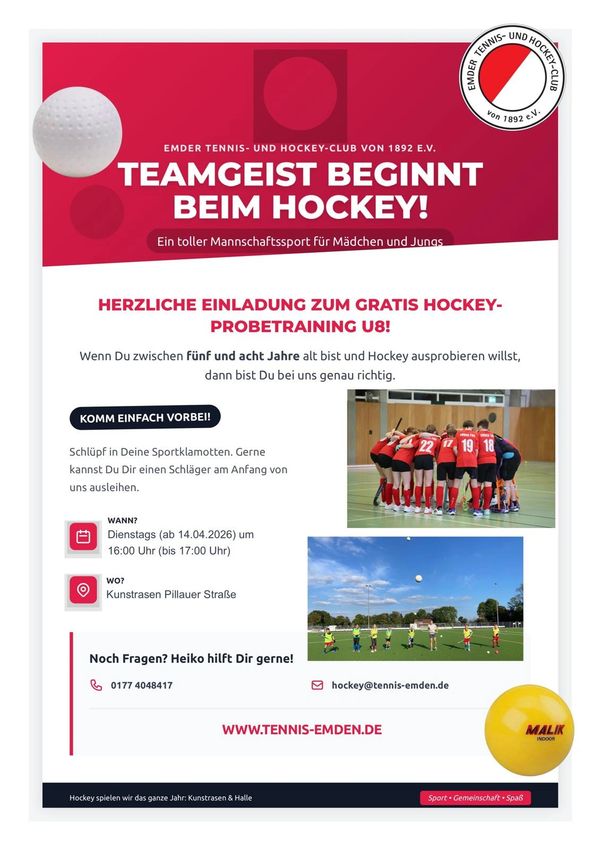 Flyer inviting children aged 5 to 8 to free hockey trial training at Emder Tennis- und Hockey-Club.