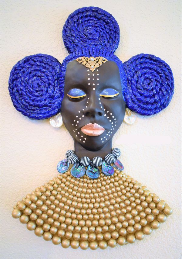 Celestial Queen Wall Art Sculpture. African Queen inspired. Mixed Media. Indigo. Gold art. Shell art