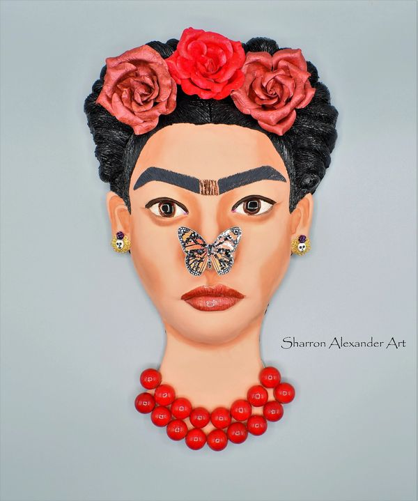 Frida and the Monarch Wall Art Sculpture. Mixed Media. Butterfly art. Frida Kahlo inspired. Flower a