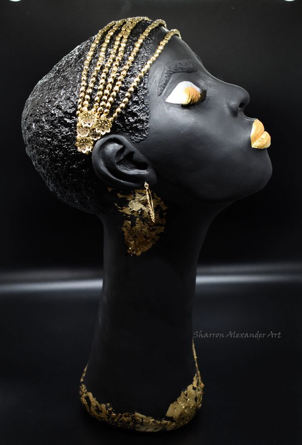 Grace Black and Gold Art Bust. Gold leafing. African Queen inspired art. Mixed Media. One of a kind