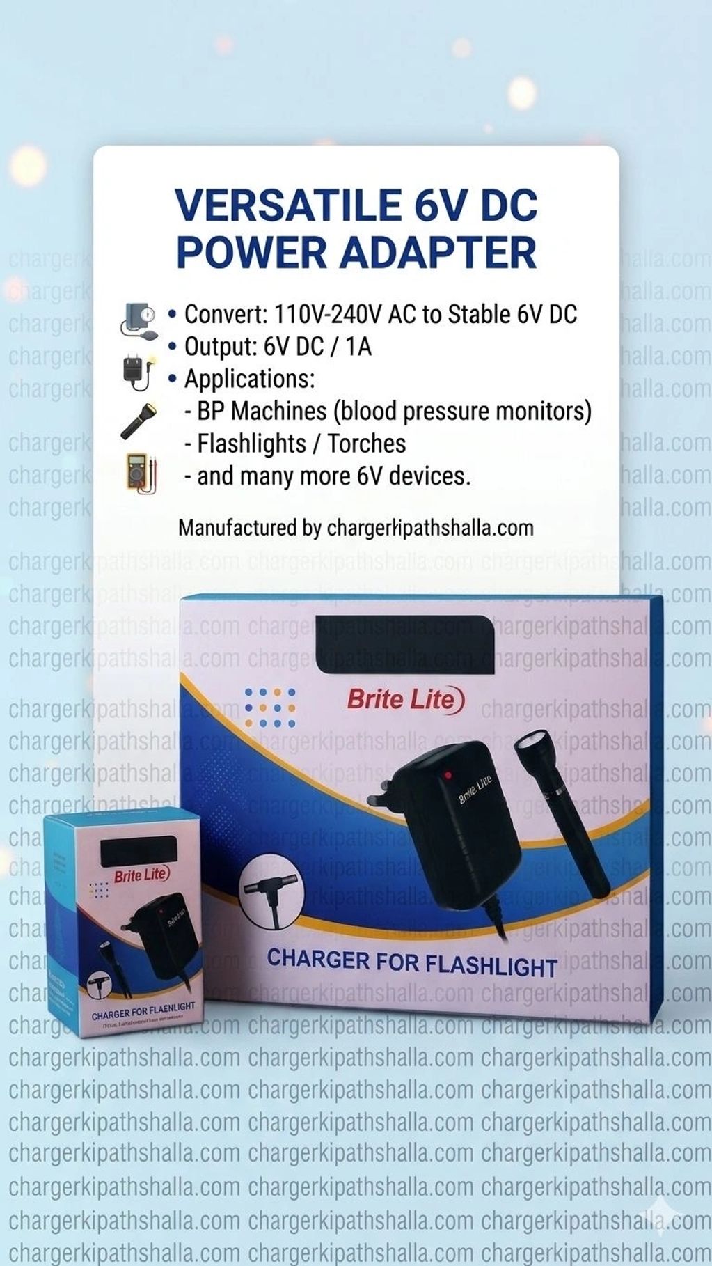 Versatile 6V DC power adapter for flashlights and BP machines with 110V-240V AC input.