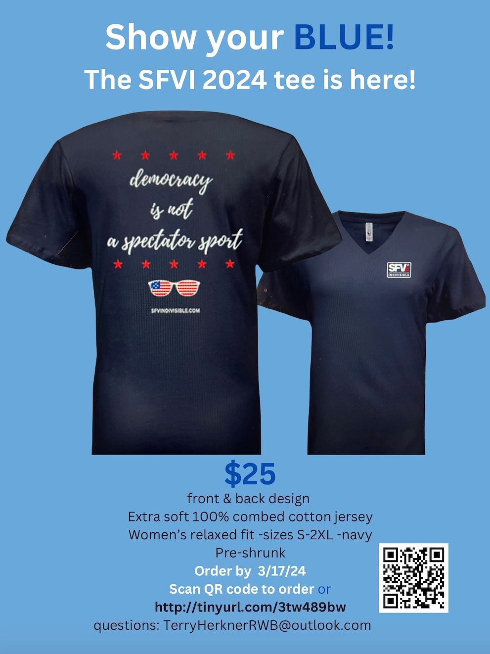 Navy SFVI 2024 women's tee with patriotic design, $25, order by 3/17/24.
