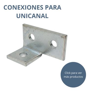 Conexión metálica para sistema unicanal con tres orificios para tornillos.