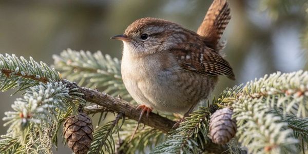 A small brown bird perched on a frosted pine branch with pine cones.