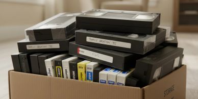 Box filled with old VHS tapes labeled with family memories.