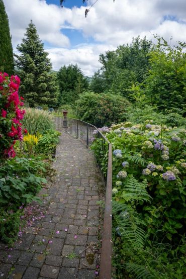 A winding garden path surrounded by lush flowers and greenery.