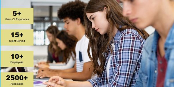 Young professionals working on laptops with experience and client stats highlighted.