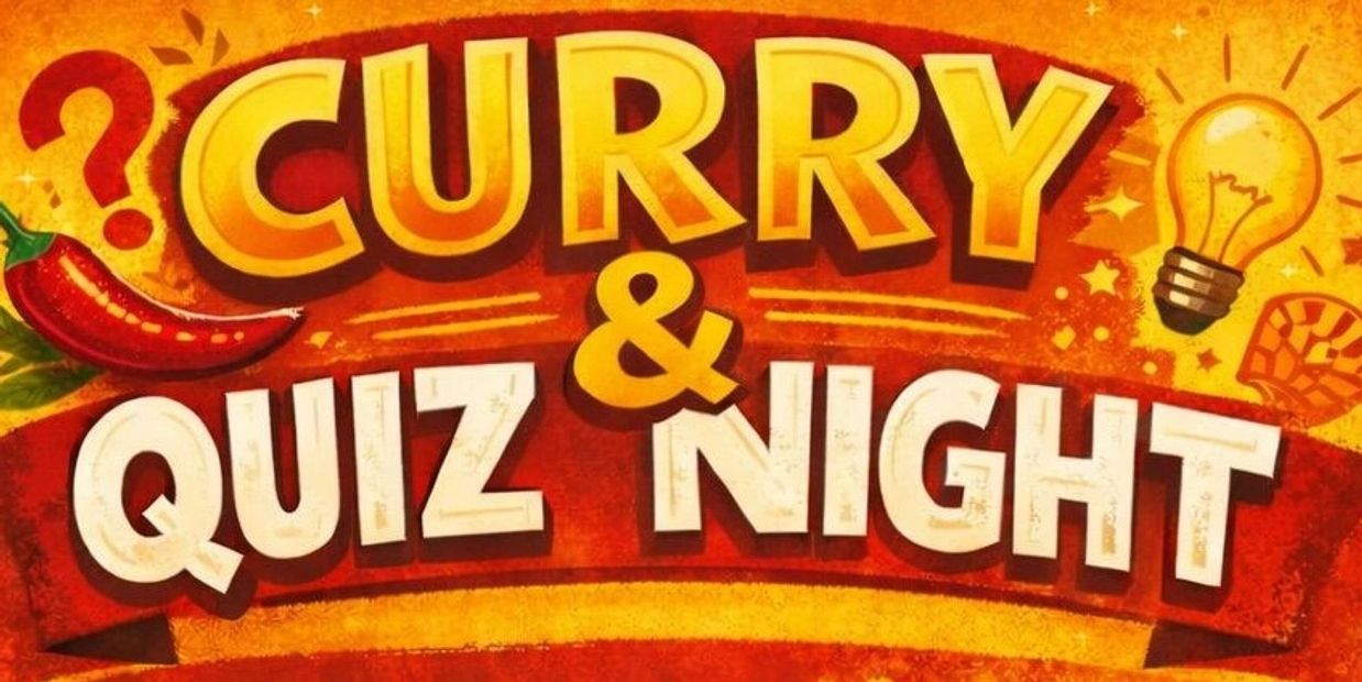 Bright poster for Curry &amp; Quiz Night with chili pepper and light bulb icons.