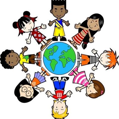 A digital illustration of kids forming a circle around the globe