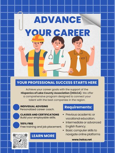 Flyer promoting career advancement with HOLCA's support and resources.