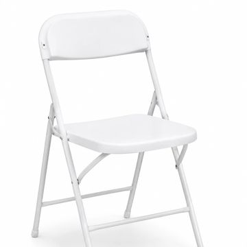 White folding chair with metal frame.