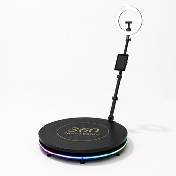 360 photo booth platform with ring light and tablet.