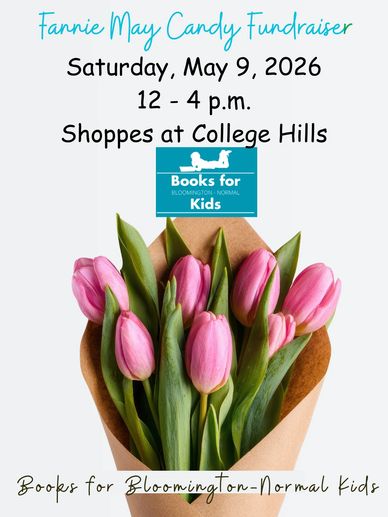 Fundraiser for Books for Bloomington-Normal Kids with pink tulips.