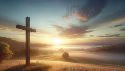 A wooden cross stands in a misty field at sunrise with blooming flowers.