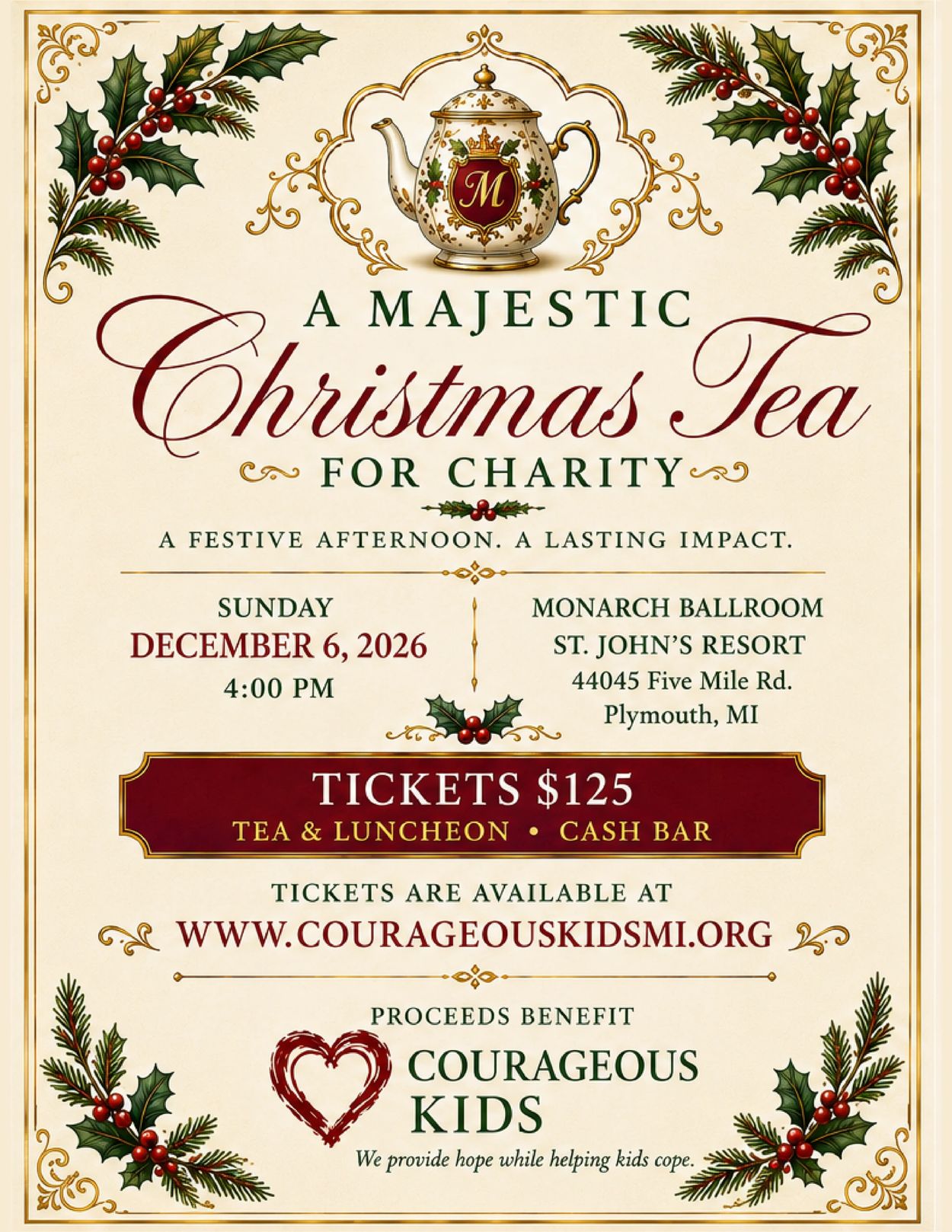 Christmas Tea for Charity event flyer with festive decorations.