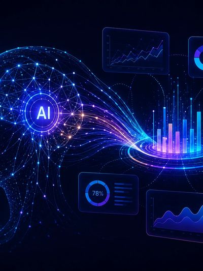 Digital AI brain analyzing data with futuristic charts and graphs.