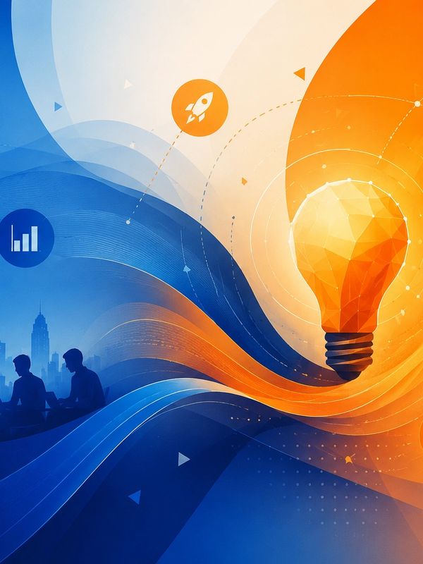 Abstract art of teamwork and innovation with lightbulb and rocket icons.