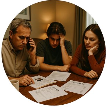 A man talking with mobile and women and Child looking on the paper