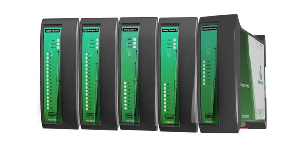Set of five industrial green and black hardware modules.